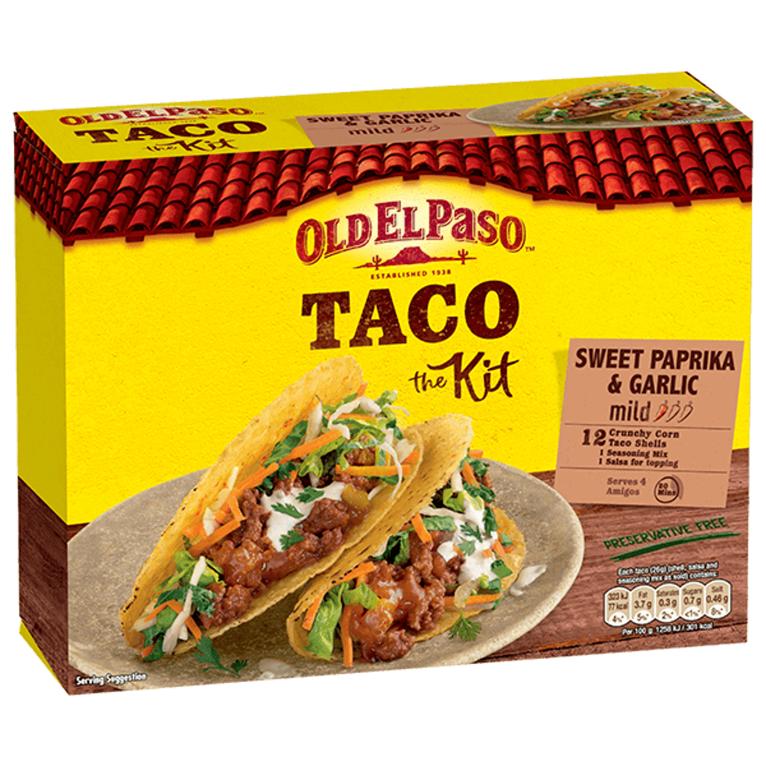 pack of Old El Paso's sweet paprika & garlic taco kit mild containing corn taco shells, seasoning mix & salsa (308g)